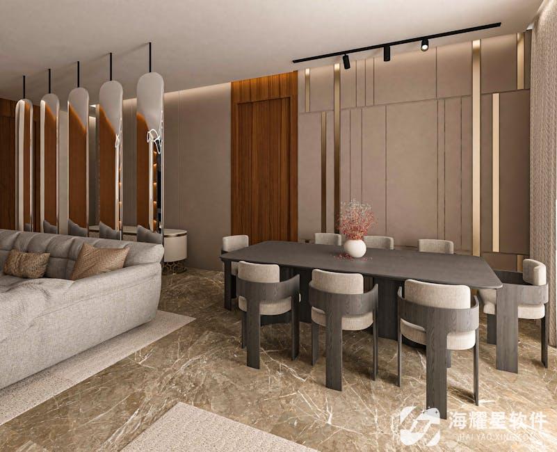 Elegant contemporary interior showcasing a luxurious dining area and cozy seating arrangement.