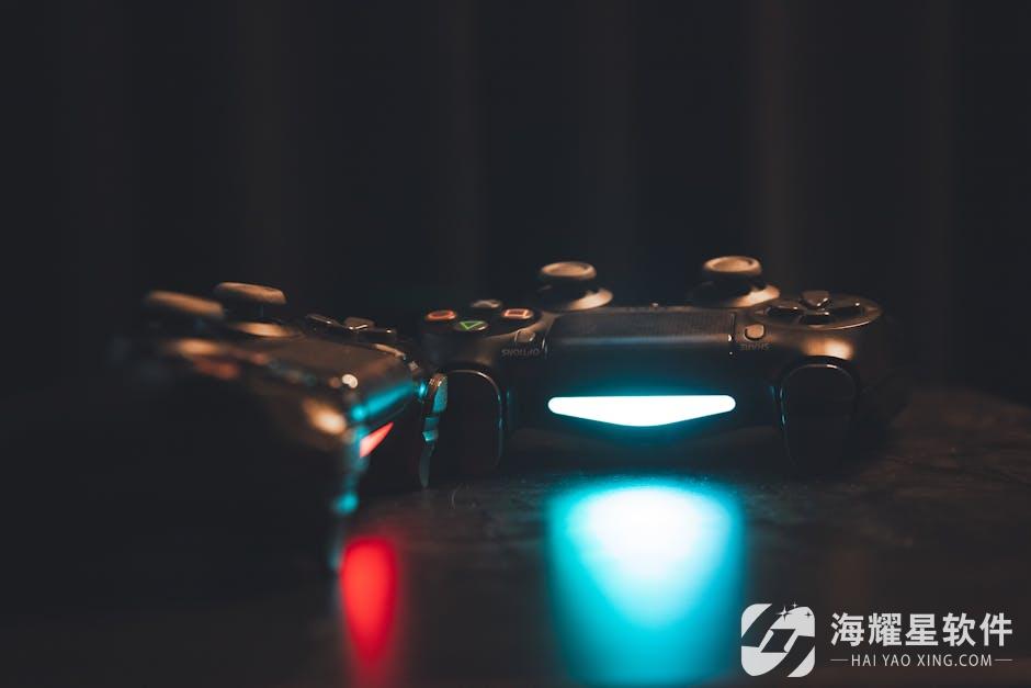 Close-up of glowing gaming controllers on a dark surface, creating a moody ambiance.