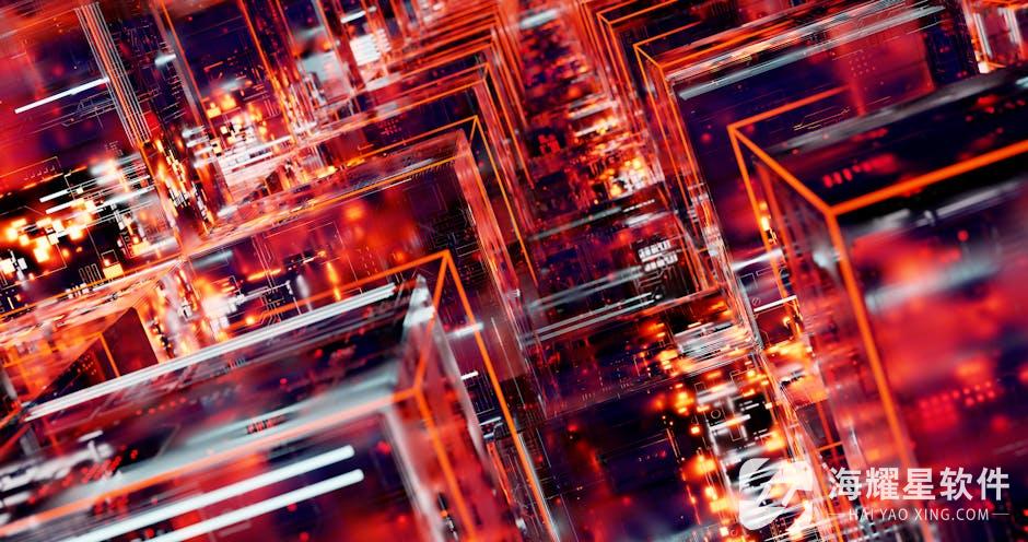 Vibrant abstract digital art featuring geometric blocks with LED light effects in a network pattern.