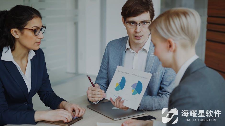 Team of professionals discussing sales strategies with charts in a modern office.