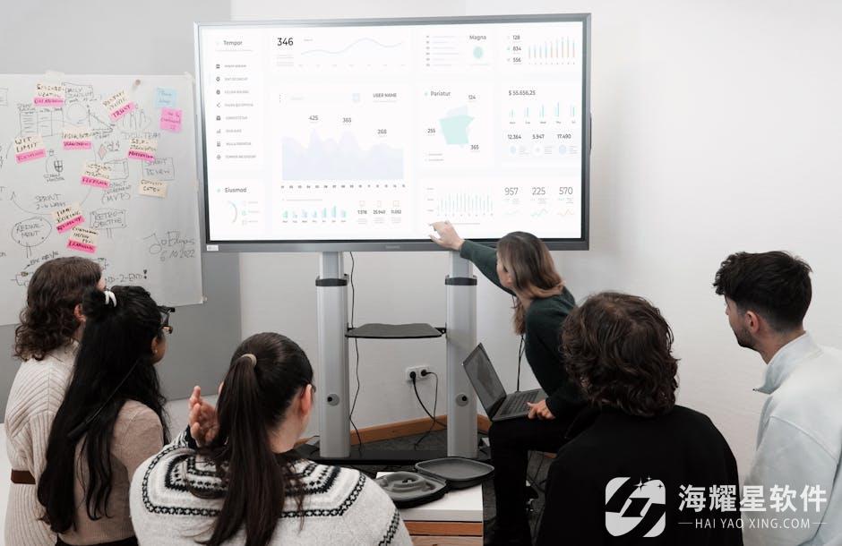 Group of professionals engaged in a business presentation examining charts on a large screen.